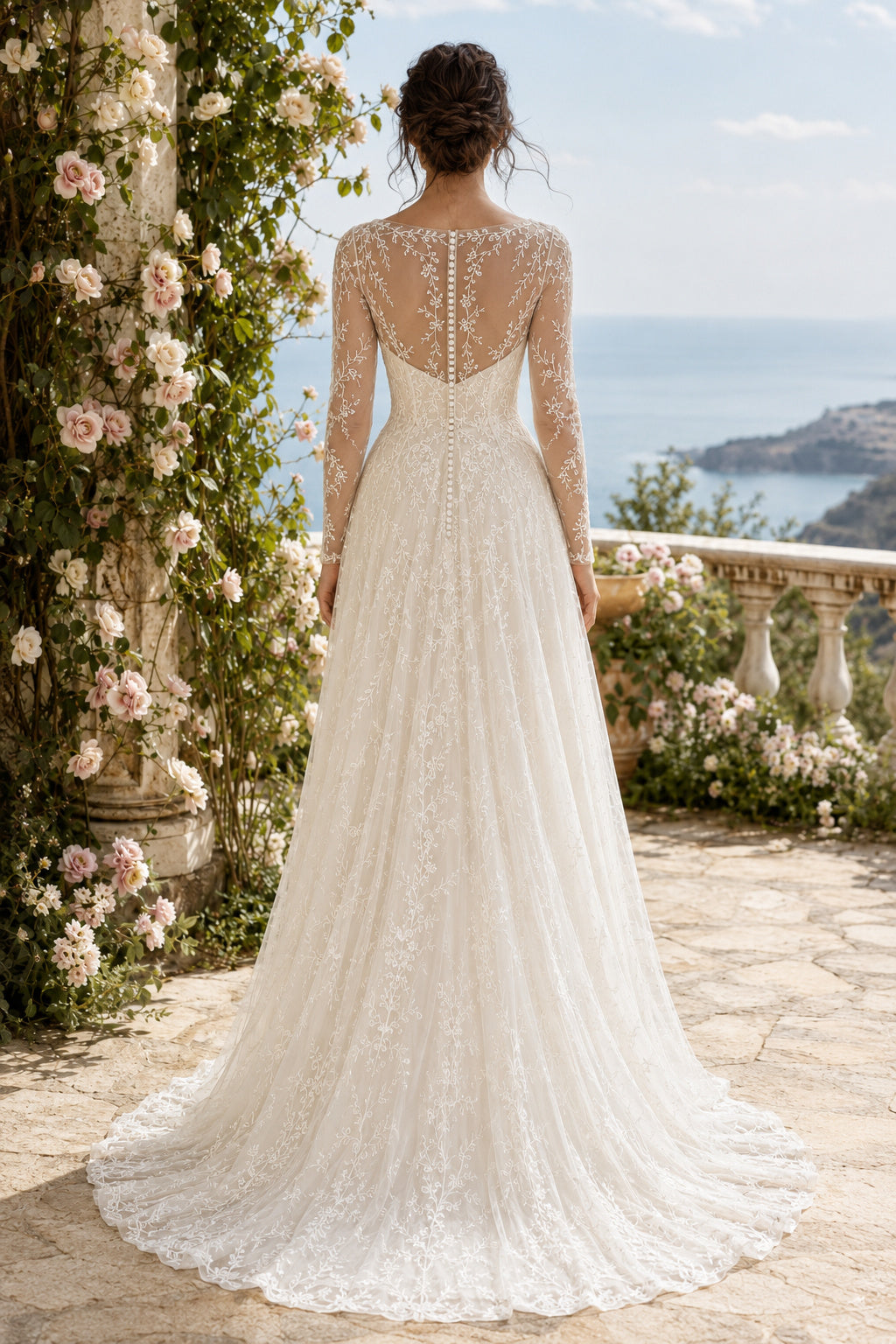 Ivory Long Sleeve Illusion Lace A-Line Wedding Dress with Button Back and Chapel Train back view