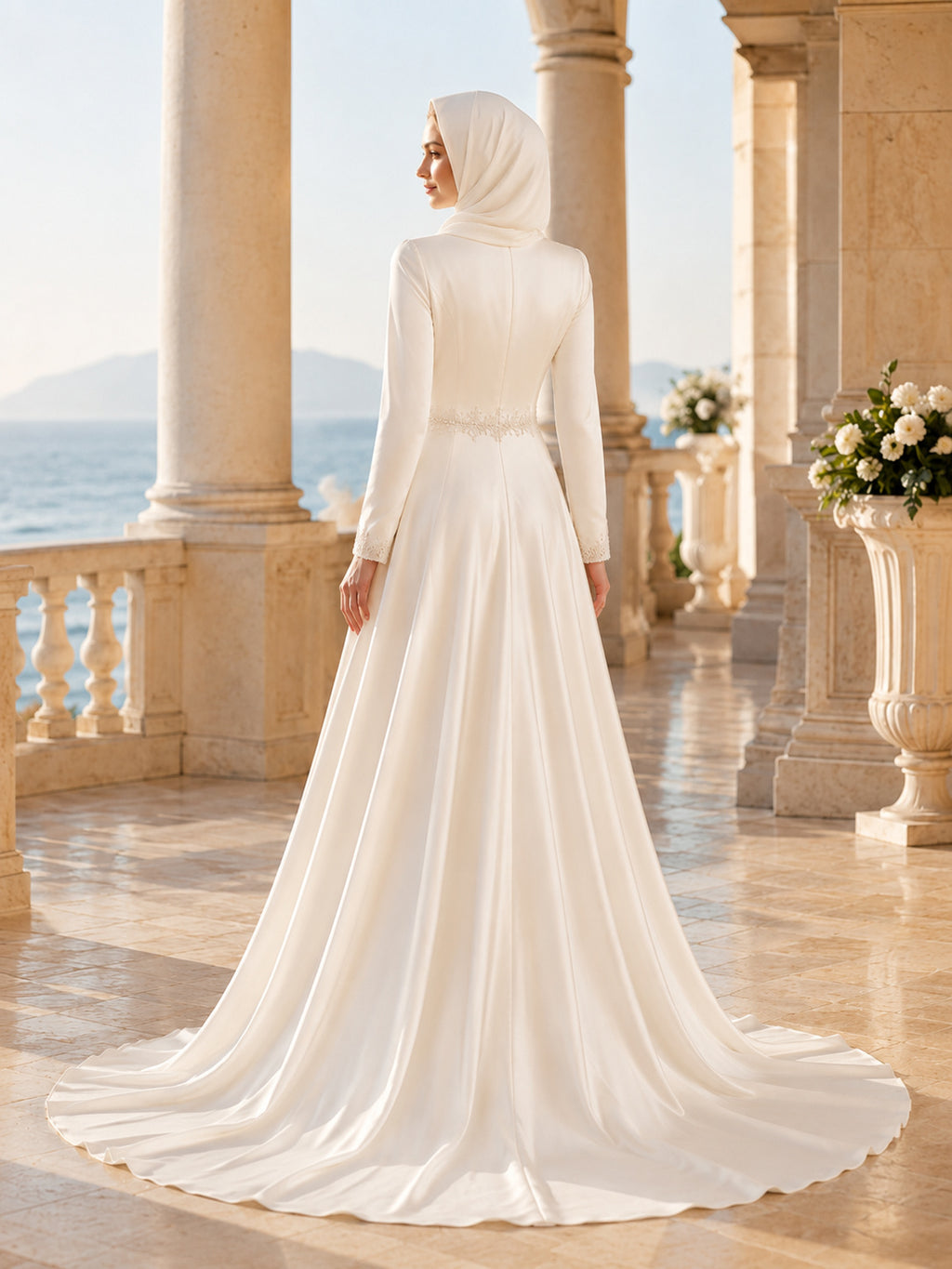 Muslim High Neck Satin Belted A Line Court Train Wedding Dress back view