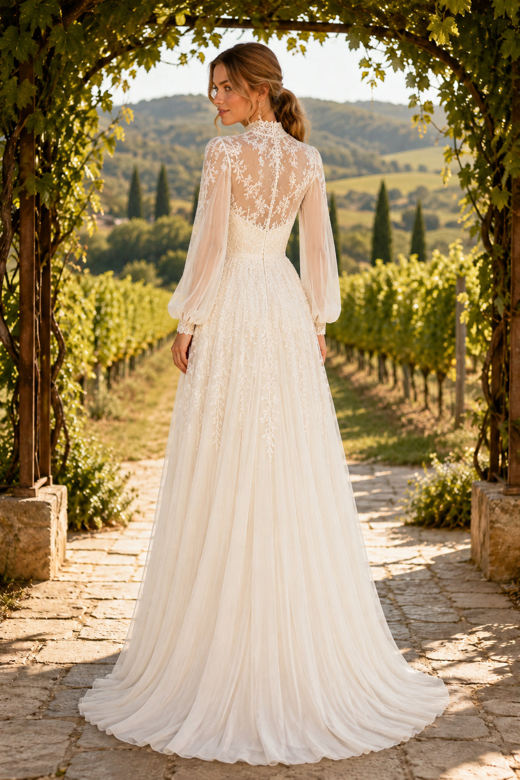 High Neck Long Sleeve A-Line Wedding Dress with Lace Bodice and Chiffon Train for Beach Garden Ceremony Style MG_701291 back