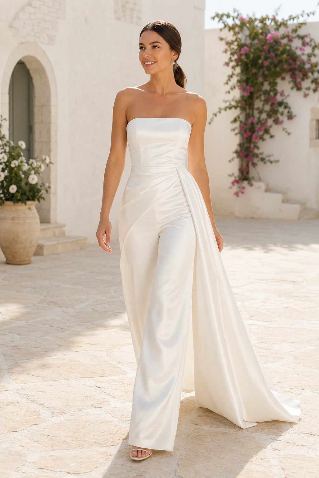 White Strapless Draped Bridal Jumpsuit with Side Train front view