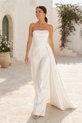 White Strapless Draped Bridal Jumpsuit with Side Train front view