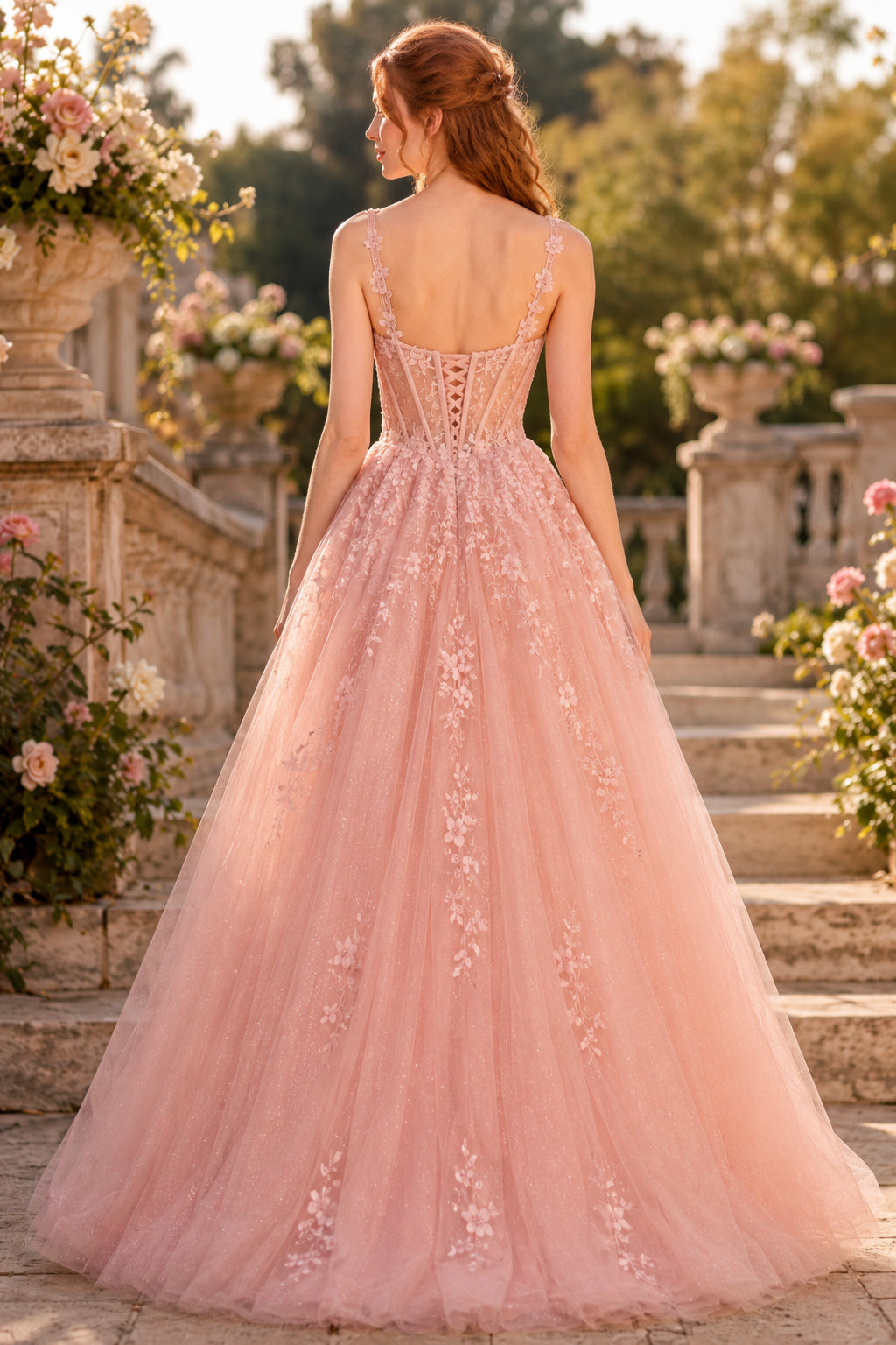Blushing Pink Spaghetti Strap Blush Lace Applique A Line Gown with Tulle Skirt Floor Length And Sweep/Brush Train A Line Prom