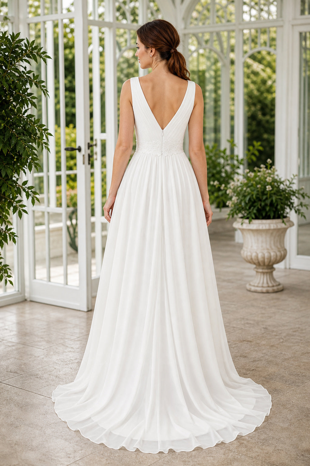 White V-neck A-Line Chiffon Floor-length Wedding Dress With Front Slit and Beaded Waist and Open Back