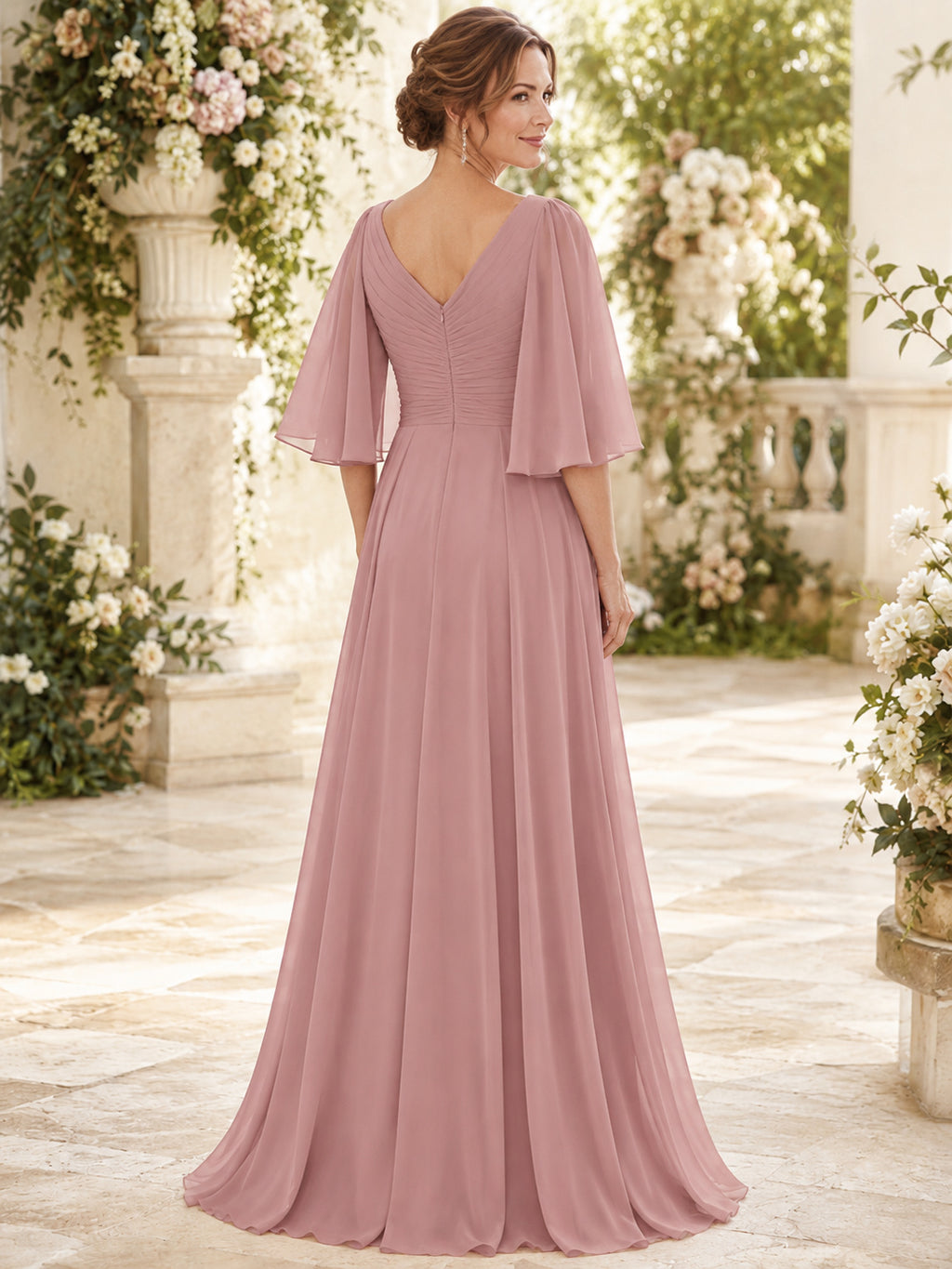 Elegant Dusty Rose V Neck Cape Flutter Chiffon Mother Wedding Gown back view