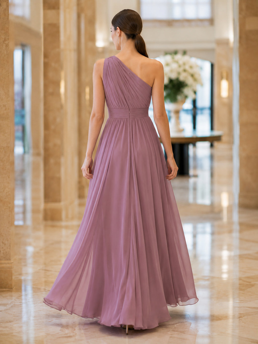 Mauve One Shoulder Draped Chiffon Formal Dress back view