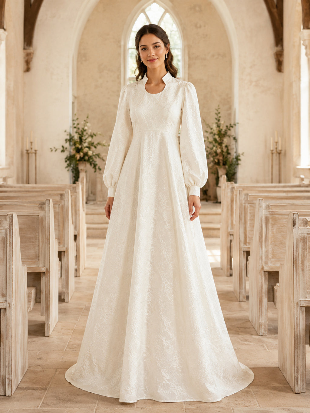 Modest Chapel Puff Sleeve Textured A-Line Wedding Dress front view