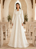 Modest Chapel Puff Sleeve Textured A-Line Wedding Dress front view