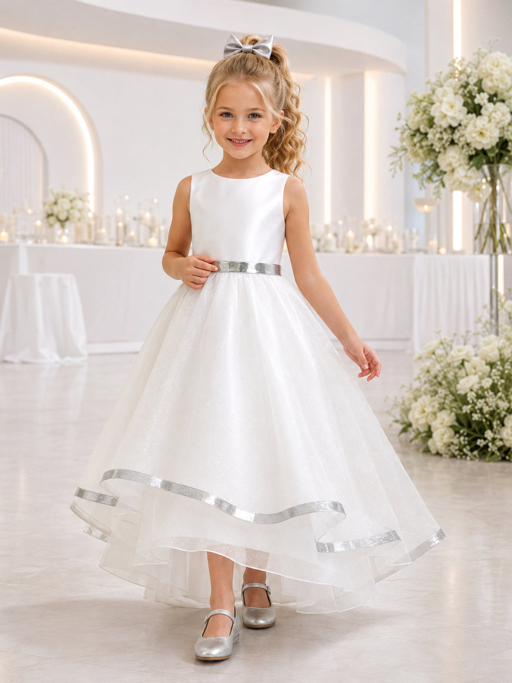 White Flower Girl Dress High-Low Organza A-Line Sleeveless Jewel Neck Silver Ribbon Layered Hem front view