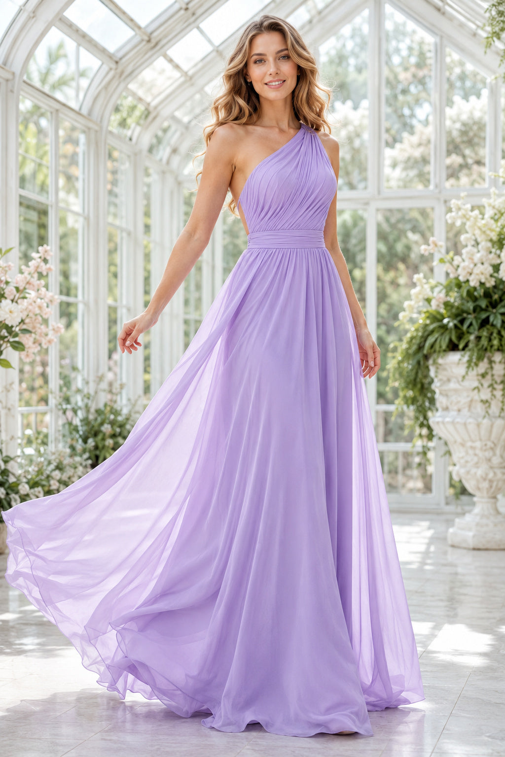 Lavender one shoulder chiffon A line dress with pleated bodice and flowing skirt Floor-length A-Line Bridesmaid Dress front v