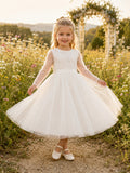 Flower Girl Dress White Tulle A-Line Sleeveless Jewel Neck Tea Length Pleated Skirt front view