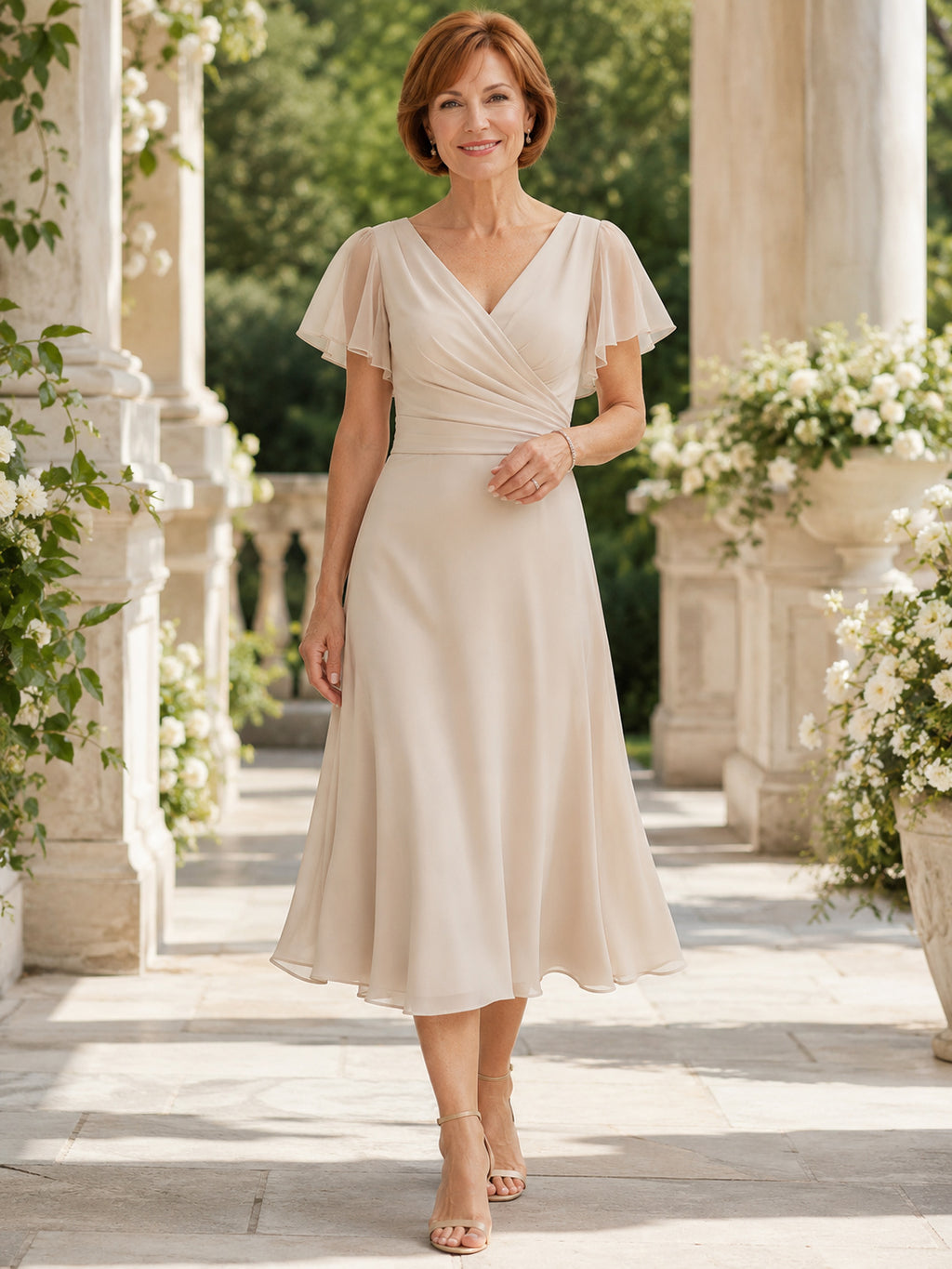 Petite champagne V neck flutter sleeve tea length mother dress front view