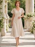 Petite champagne V neck flutter sleeve tea length mother dress front view