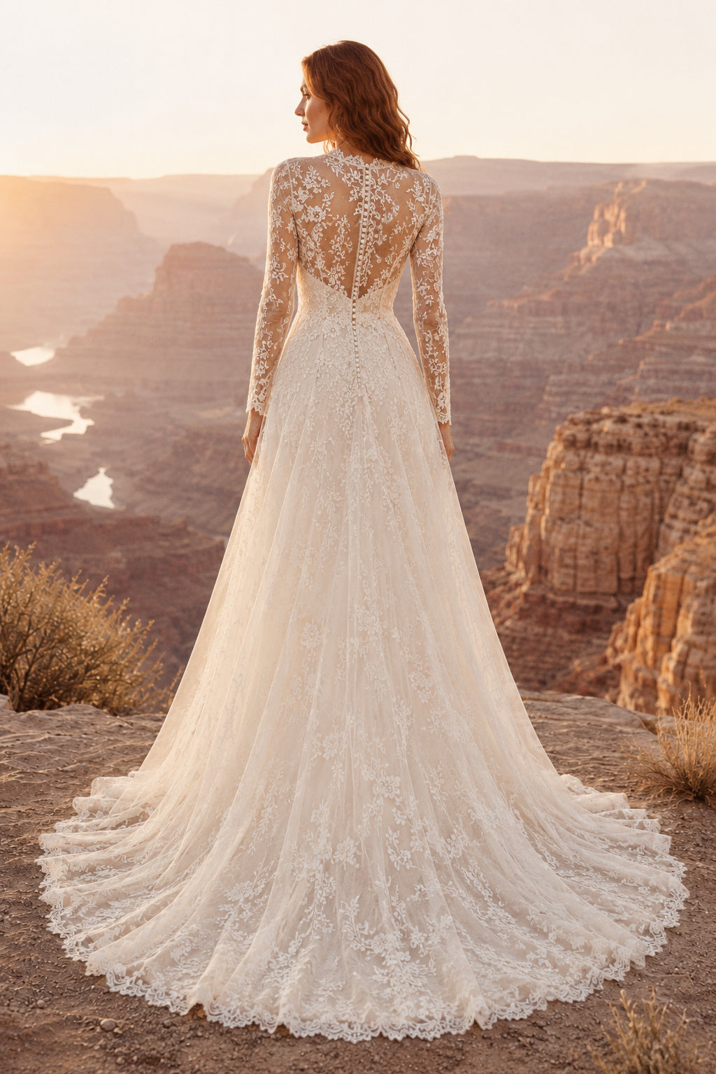 Ivory High Neck Long Sleeve Lace A-Line Wedding Dress with Illusion Back Style MG_700434 back view
