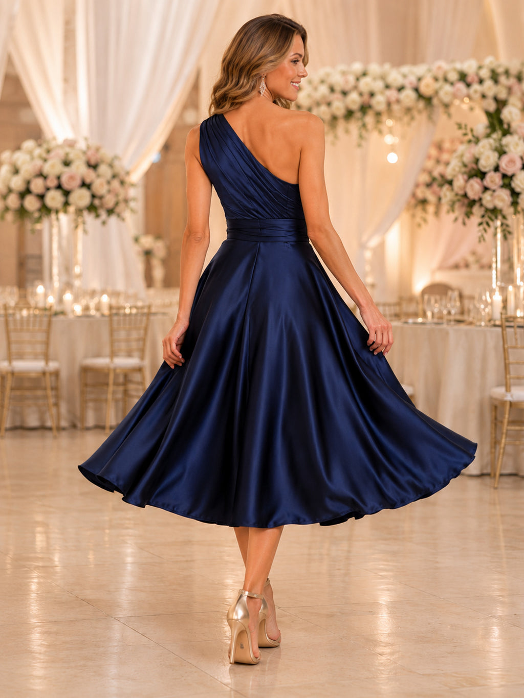 Dark Navy One Shoulder Satin A Line Tea Length Guest Dress back view