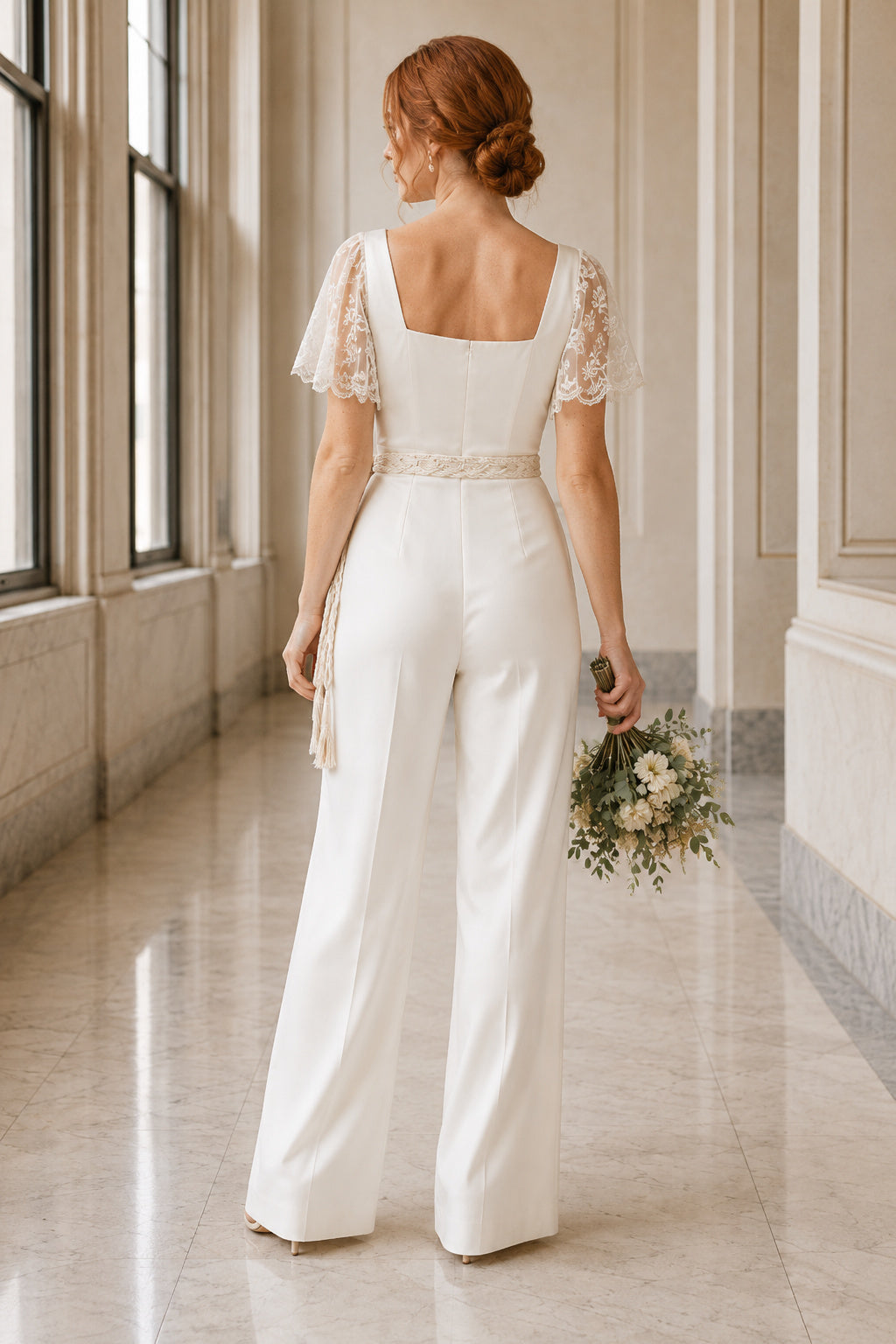 Ivory Square Neck Cap Sleeve Lace Bridal Jumpsuit with Straight Pants back view