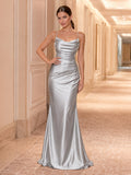 Silver Satin Strapless Cowl Sheath Petite Prom Gown front view