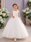 Elegant Satin Tulle Floor-Length Ball Gown Bateau Floral Embroidered Flower Girl Garden Wedding Dress front view