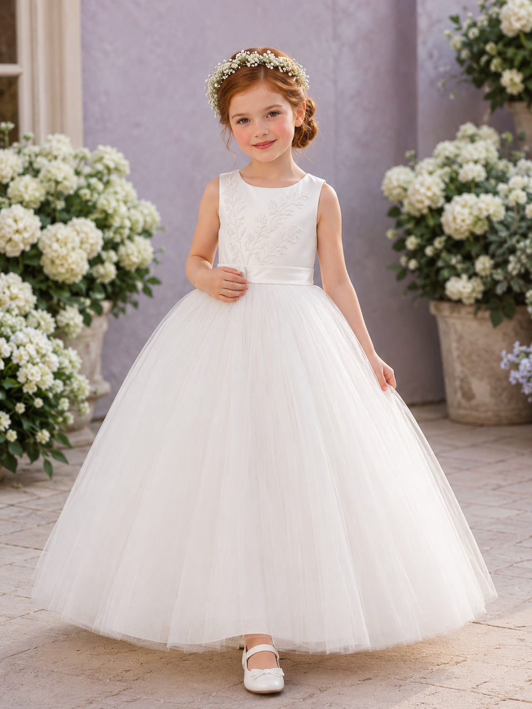 Elegant Satin Tulle Floor-Length Ball Gown Bateau Floral Embroidered Flower Girl Garden Wedding Dress front view