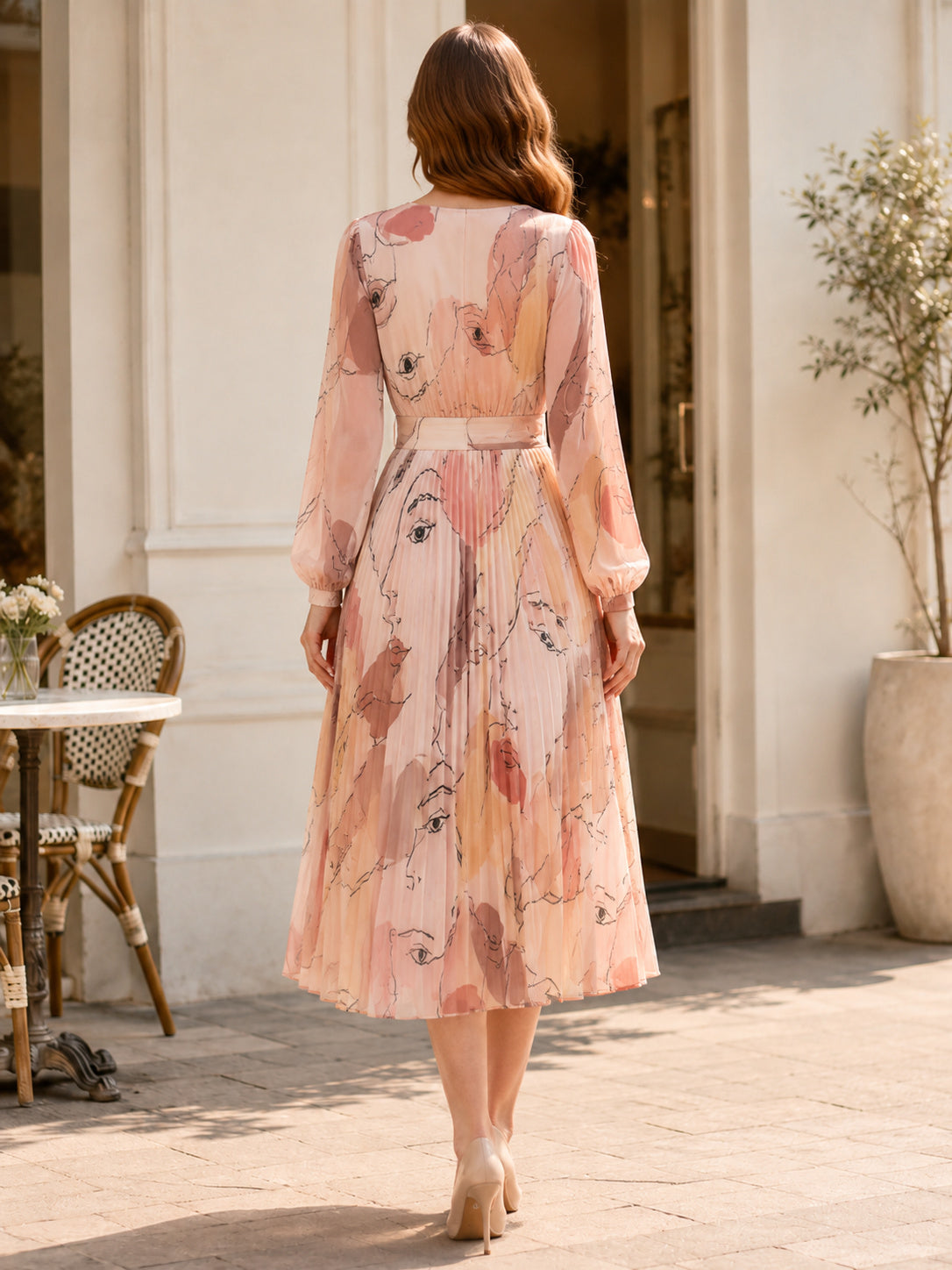 Blush Abstract Face Long Sleeve Chiffon Midi Dress back view