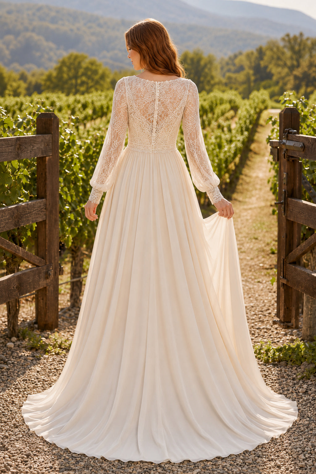 Ivory Boho V-Neck A-Line Chiffon Lace Wedding Dress with Long Poet Sleeves and Sweep Train back view