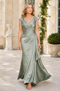Sage V-Neck Cap Sleeve Sheath Mother Dress with Ruched Wrap Skirt front view