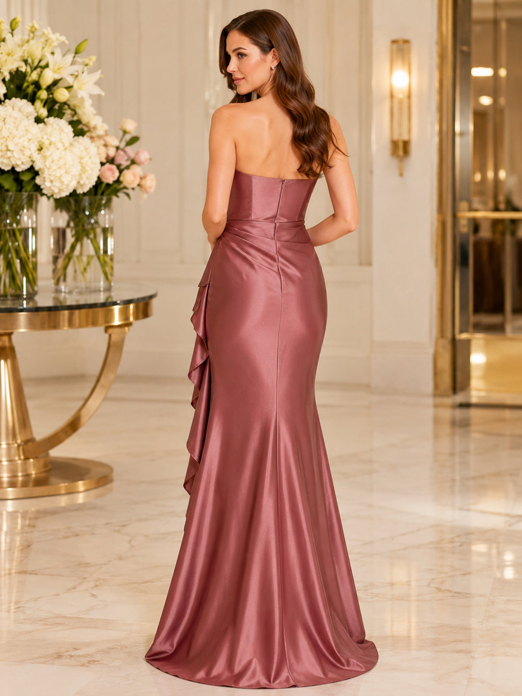 Dusty Rose Strapless Satin Mermaid Ruffle Floor Length Formal Dress back view