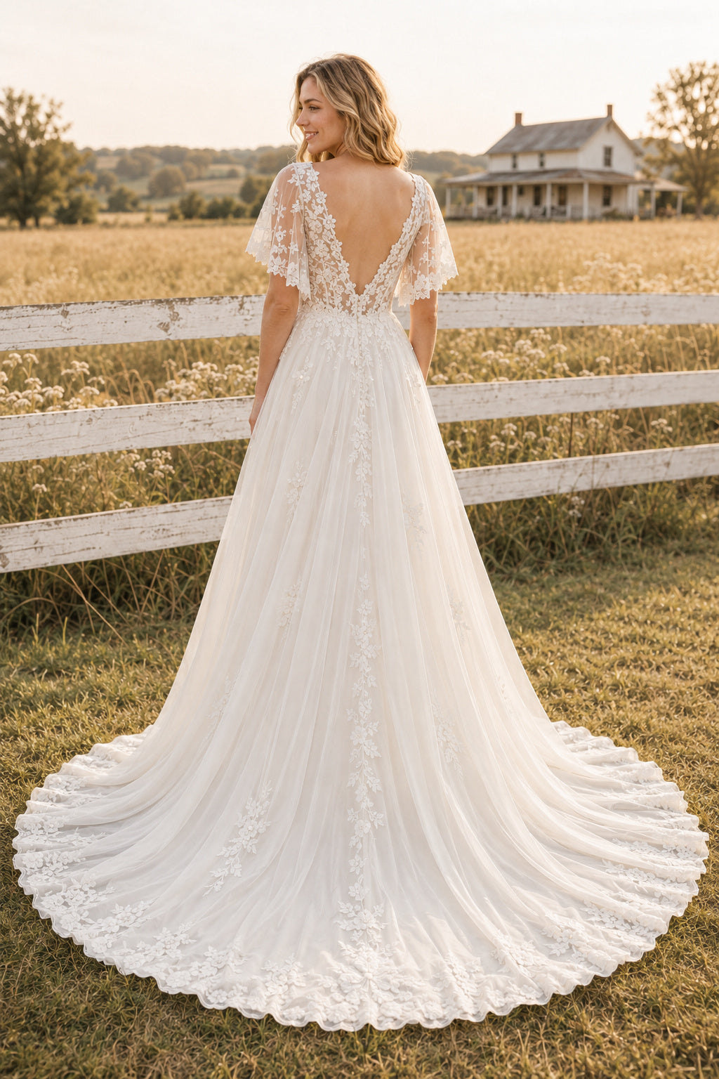 Flutter Sleeve V-Neck A-Line Wedding Dress with Lace Bodice and Soft Tulle Train back view