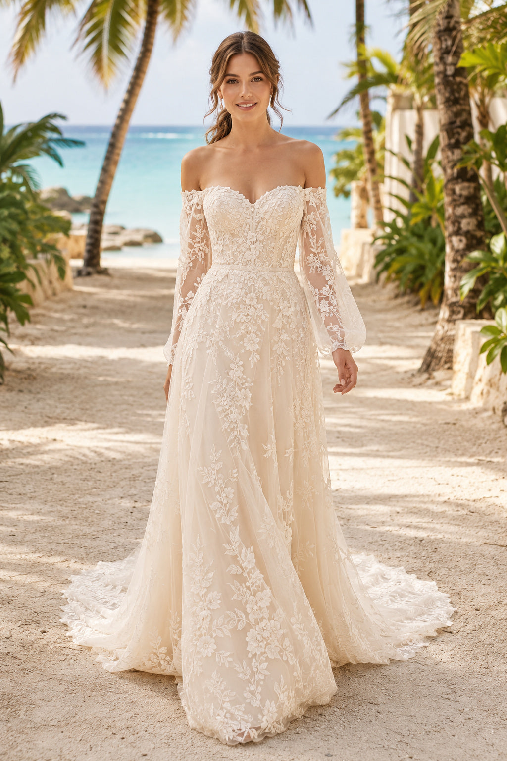 Ivory Off Shoulder Long Sleeve Lace Wedding Dress Chapel Train for Bridal Ceremony and Reception front view