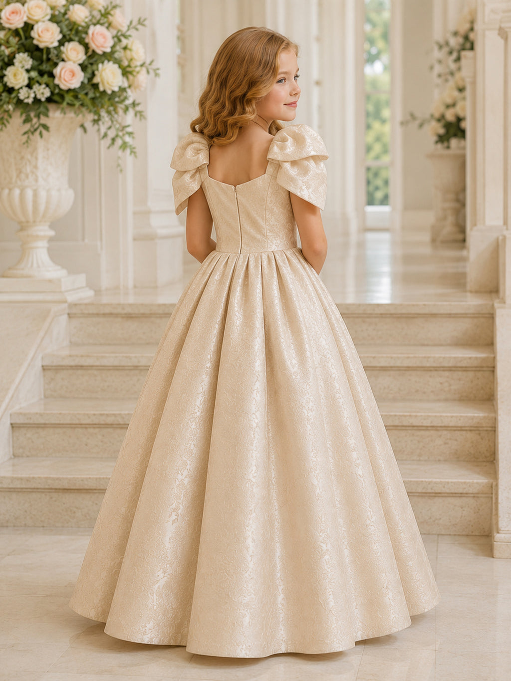 Champagne Sculptural Bow A-Line Textured Taffeta Flower Girl Dress, Short Sleeve Cap, Off-the-shoulder Tea-Length Formal back