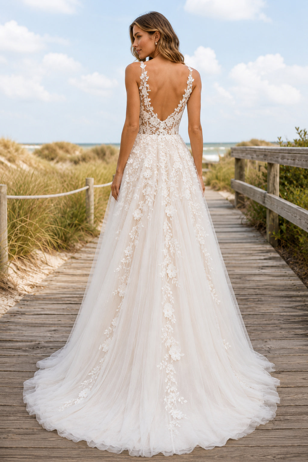Ivory Spaghetti Strap Floral Lace A-Line Wedding Dress with Deep V-Neck back view