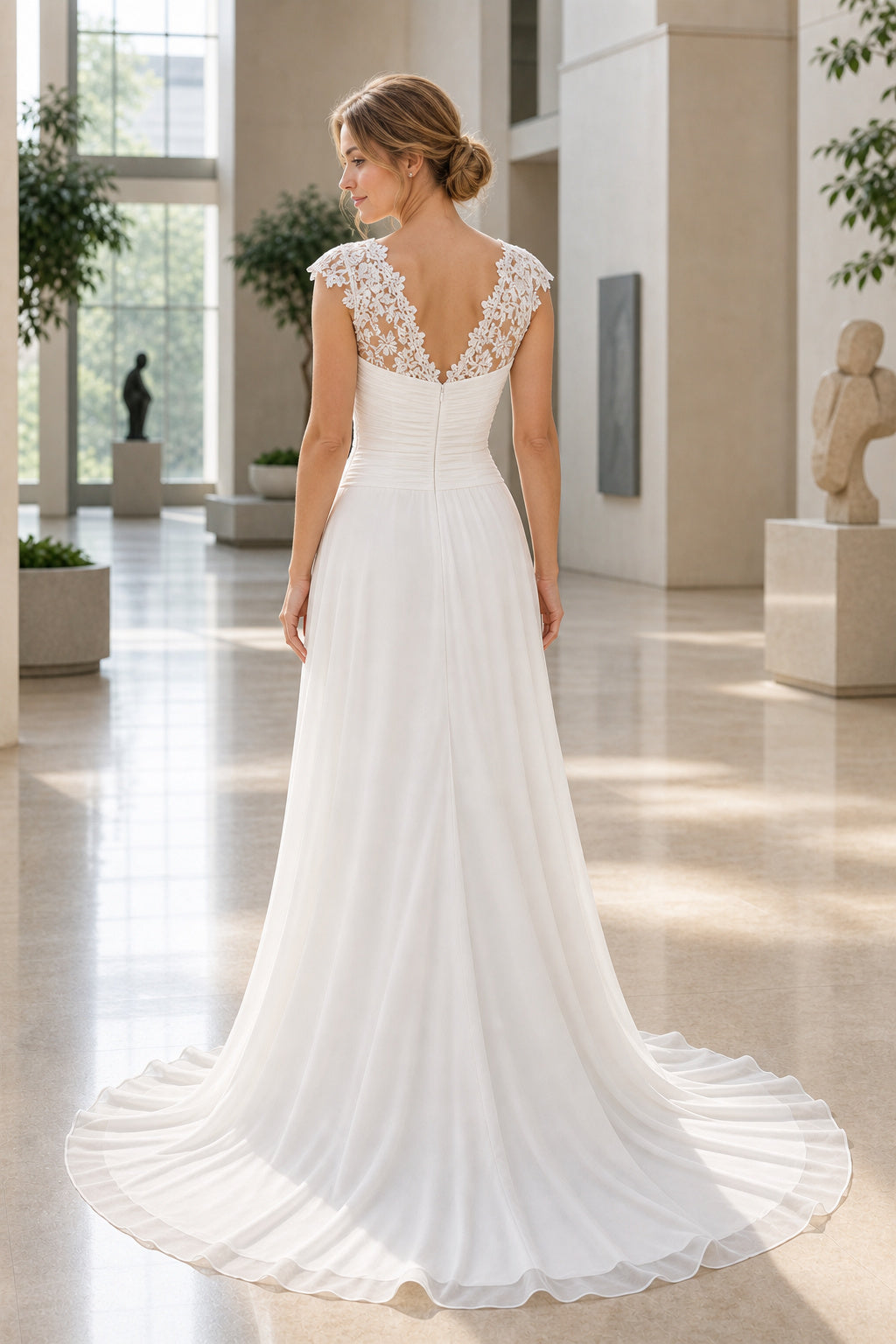 White Square Mermaid Lace Floor-length Wedding Dress With Lace and Layered Skirt and Open Back Lace Hem Detail