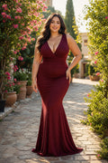 Burgundy V-Neck Floor-Length Velvet Mermaid Dress