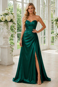 Dark Green Strapless Satin A Line Dress with Side Slit and Ruched Bodice Floor Length And Sweep/Brush Train A Line Bridesmaid