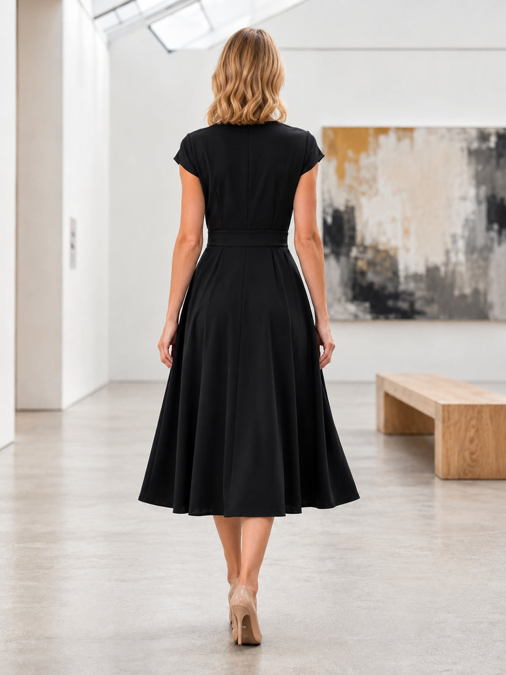 Black Cap Sleeve V Neck A Line Museum Date Dress back view