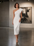 Sculptural one shoulder fold sheath gallery midi dress front view