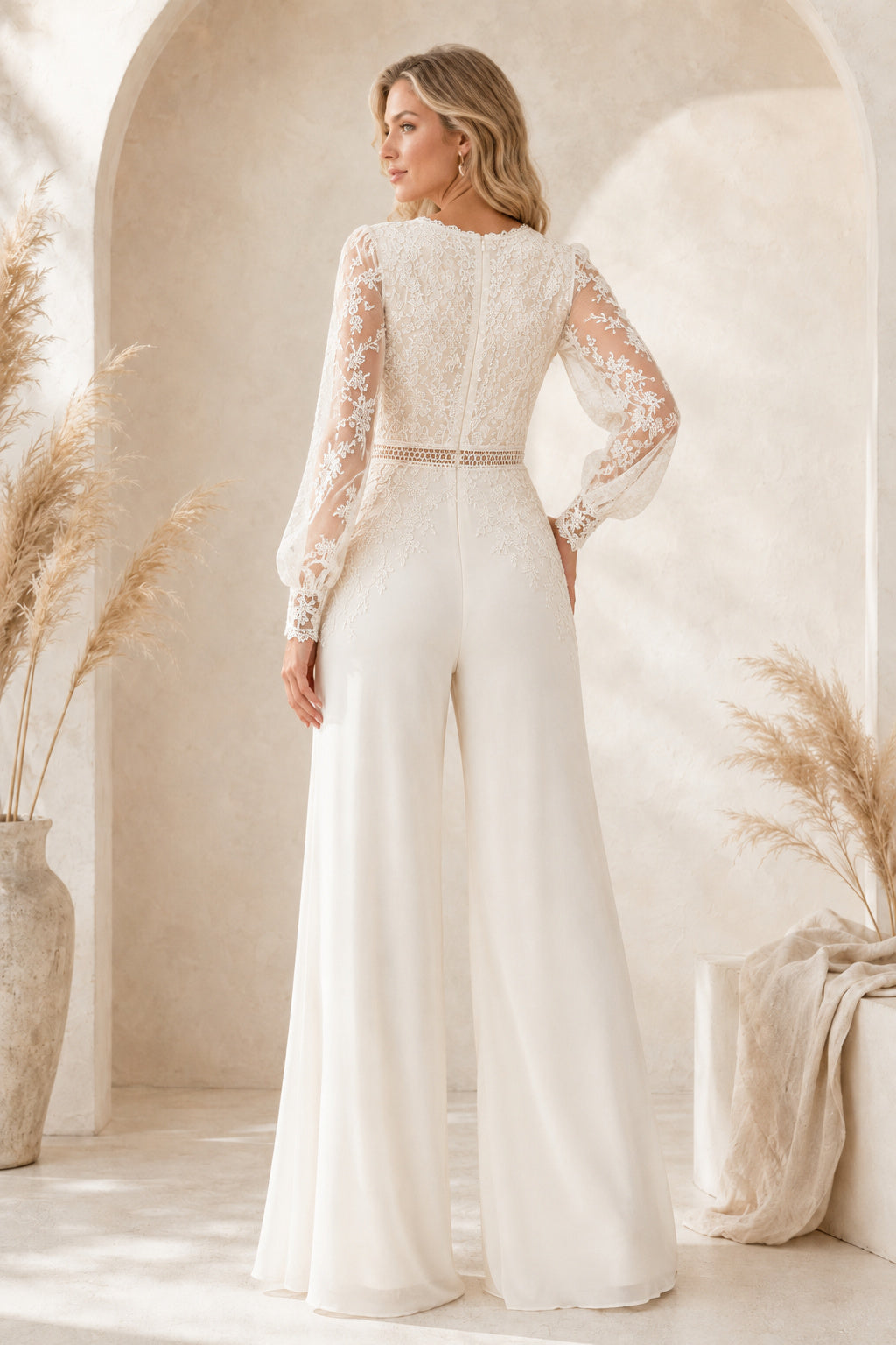 Ivory Long Puff Sleeve Lace Bridal Jumpsuit with V-Neck and Belt back view