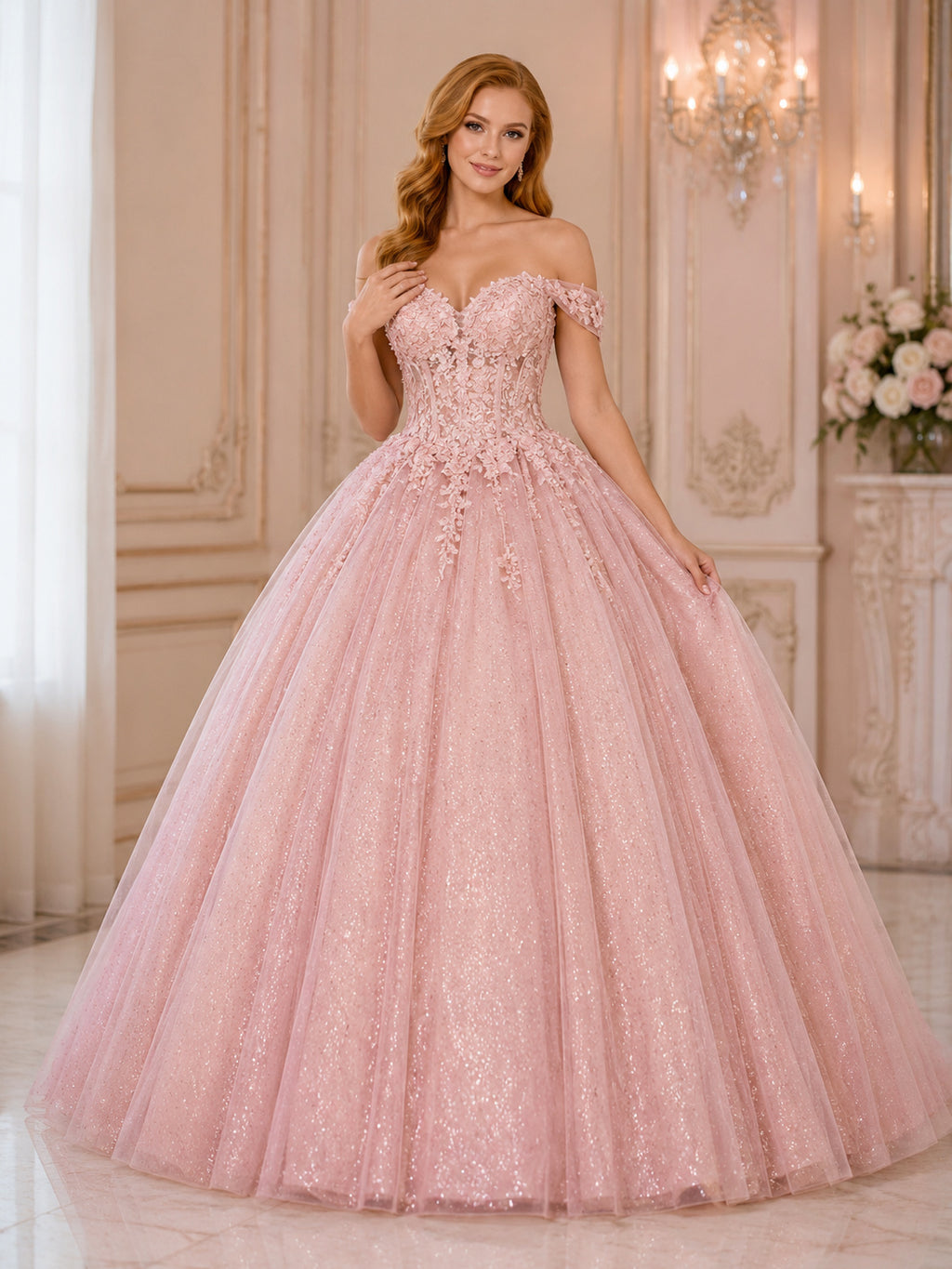 Blushing Pink Luxury Off Shoulder Corset Applique Glitter Tulle Quinceanera Ball Gown front view