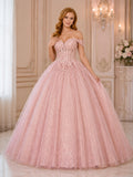 Blushing Pink Luxury Off Shoulder Corset Applique Glitter Tulle Quinceanera Ball Gown front view