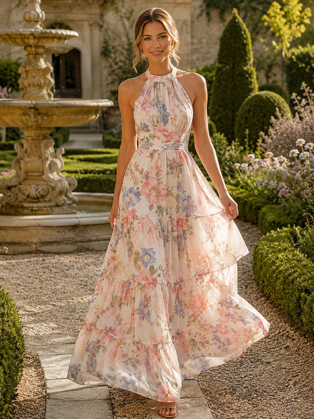 Pastel Floral Halter Neck Chiffon Garden Maxi Dress front view