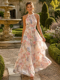 Pastel Floral Halter Neck Chiffon Garden Maxi Dress front view