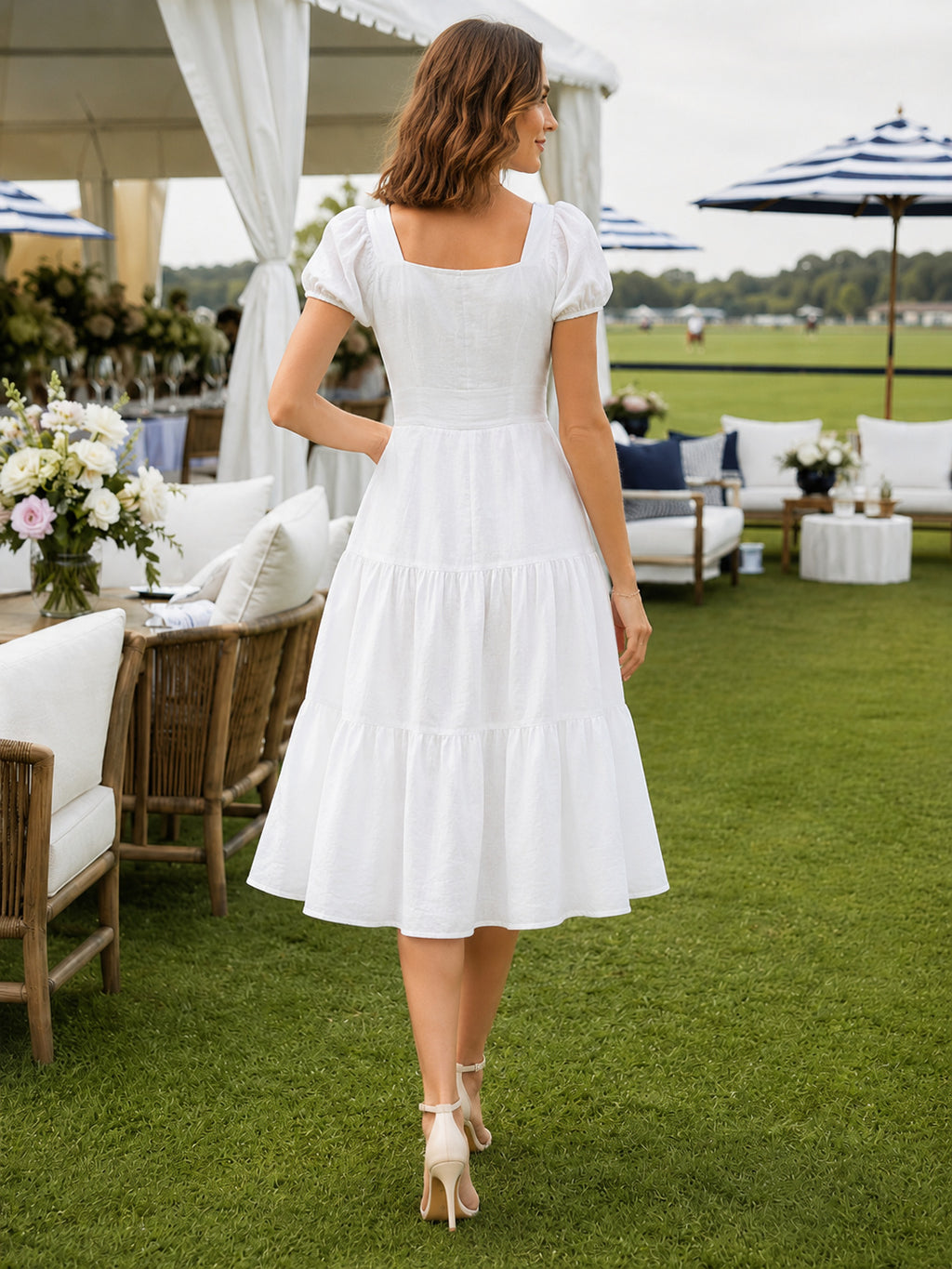 White Halter Pleated A Line Polo Lawn Midi Dress back view