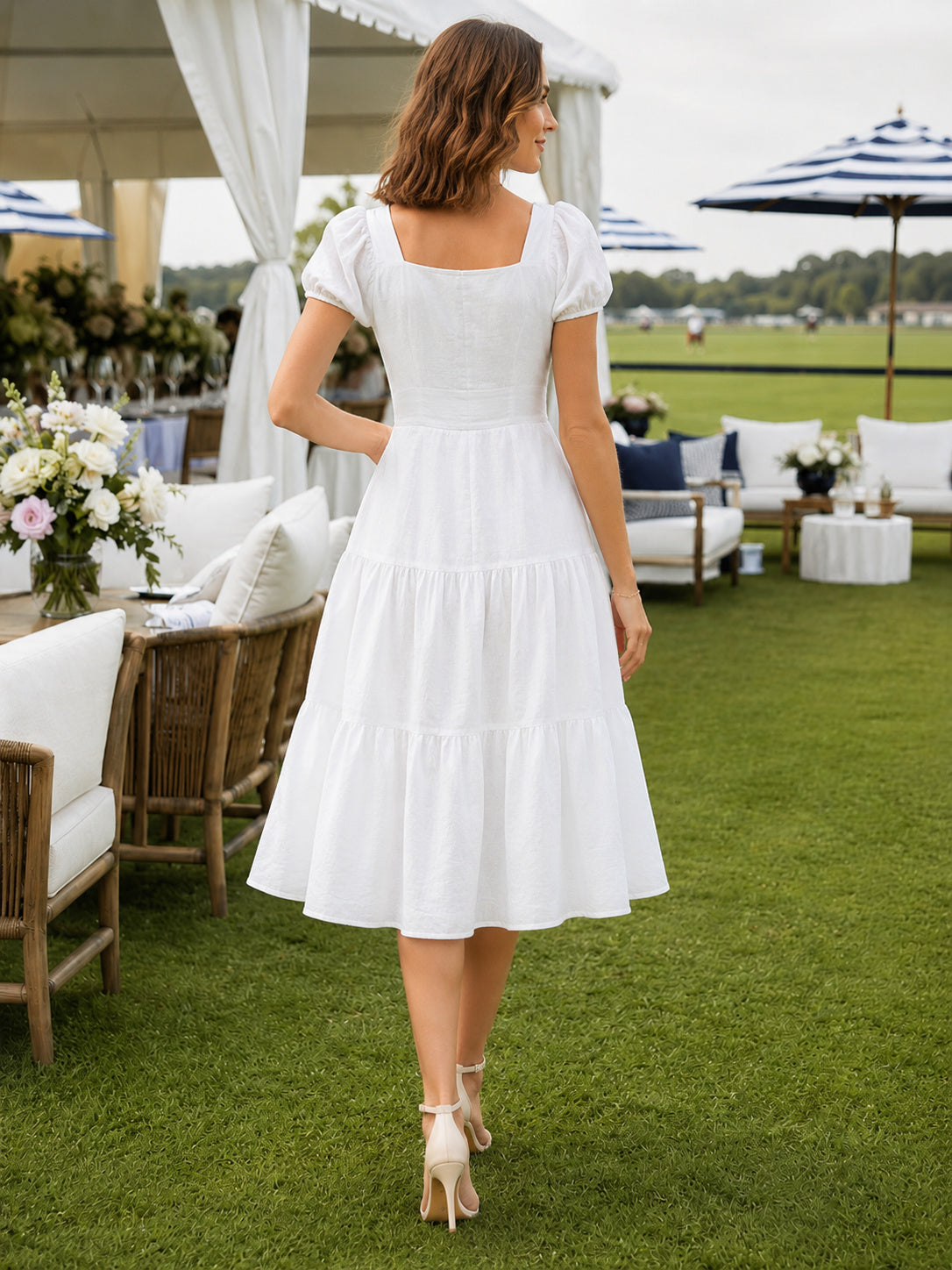 White Halter Pleated A Line Polo Lawn Midi Dress back view