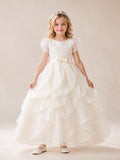 Ivory Satin Organza Jewel Neck Short Puff Sleeve Petal Layer Ankle Length Communion Flowergirl Dress front view