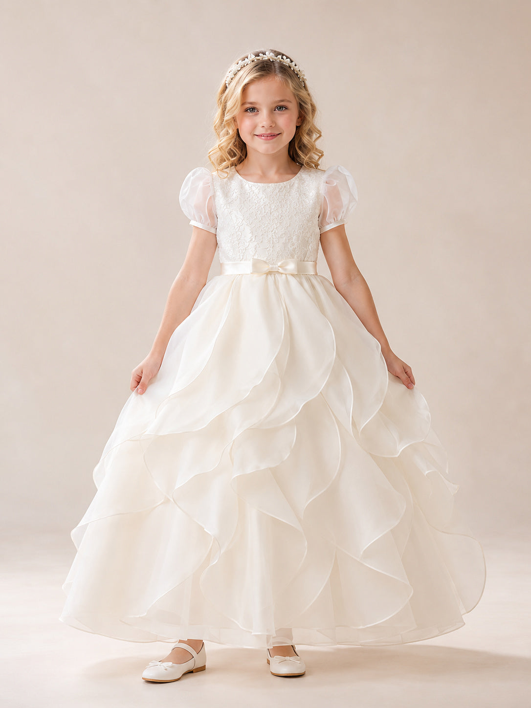 Ivory Satin Organza Jewel Neck Short Puff Sleeve Petal Layer Ankle Length Communion Flowergirl Dress front view
