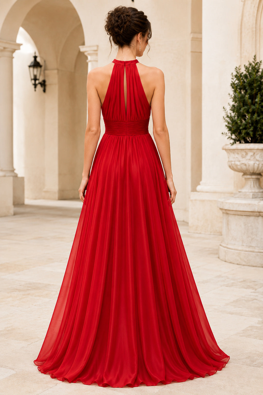 Red Halter Chiffon A-Line Formal Dress with Flowing Skirt back view