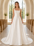 Square Neck Satin A Line Chapel Ceremony Bridal Gown front view