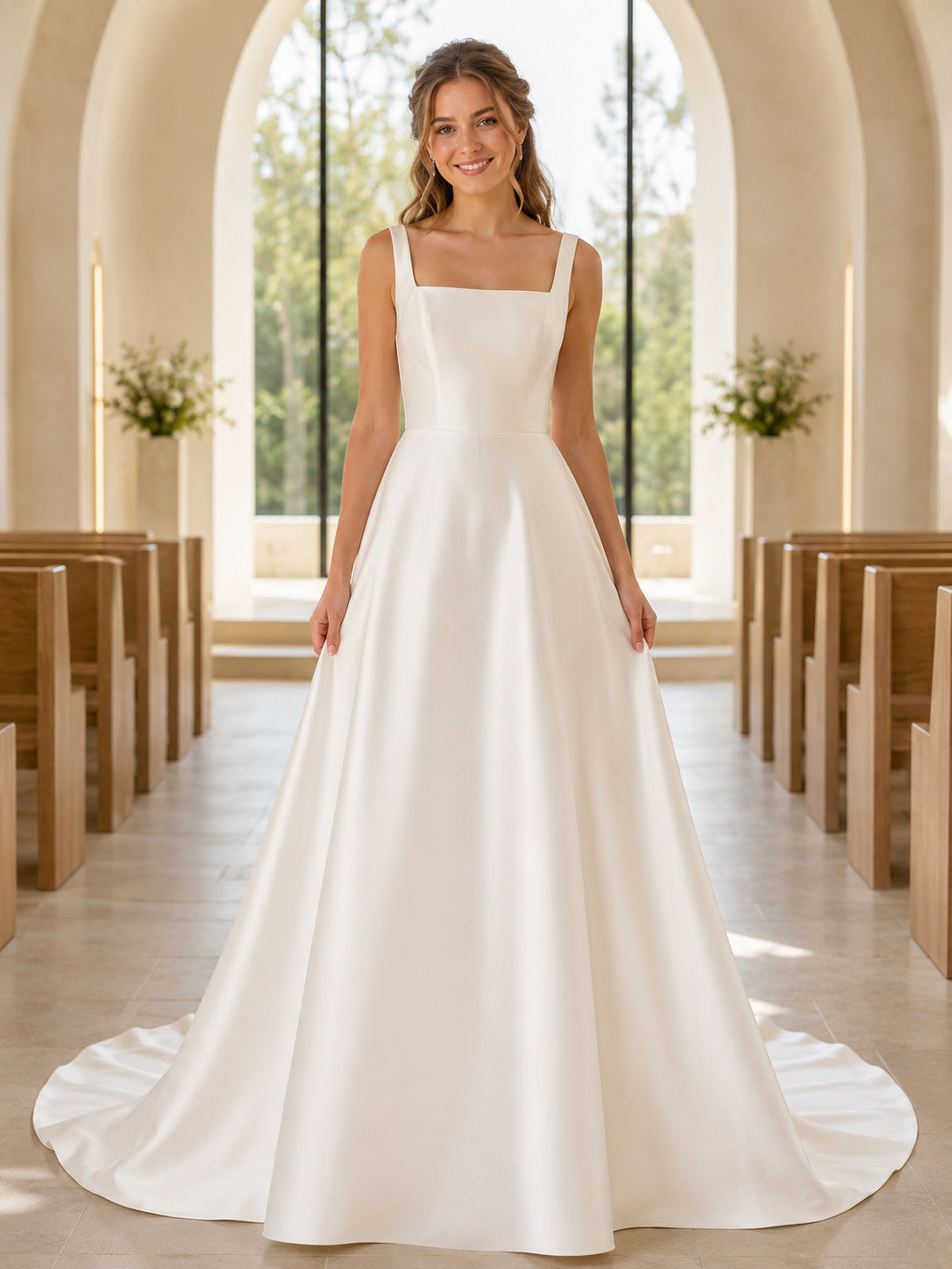 Square Neck Satin A Line Chapel Ceremony Bridal Gown front view