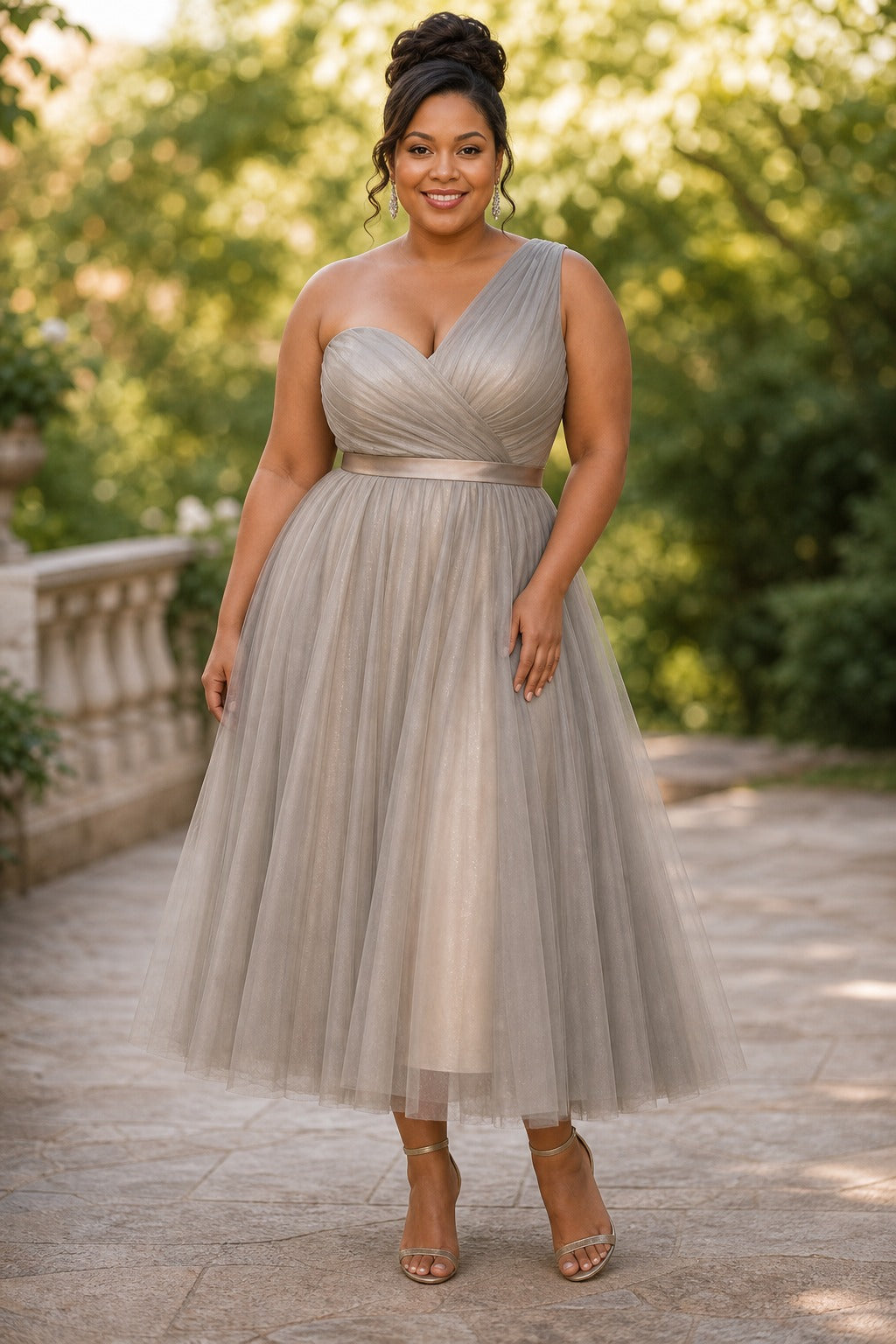 Gray Halter Tea-Length Tulle A-Line Dress