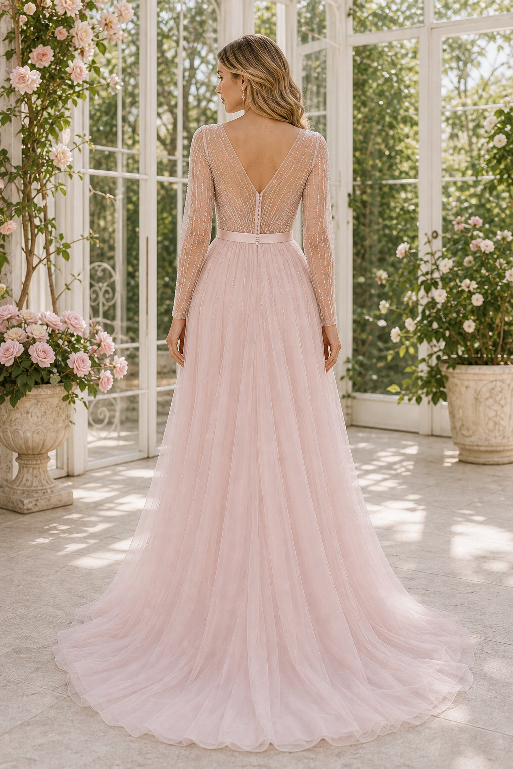 Blush V-neck A-Line Tulle Floor-length Wedding Dress With Beaded Waist and Train