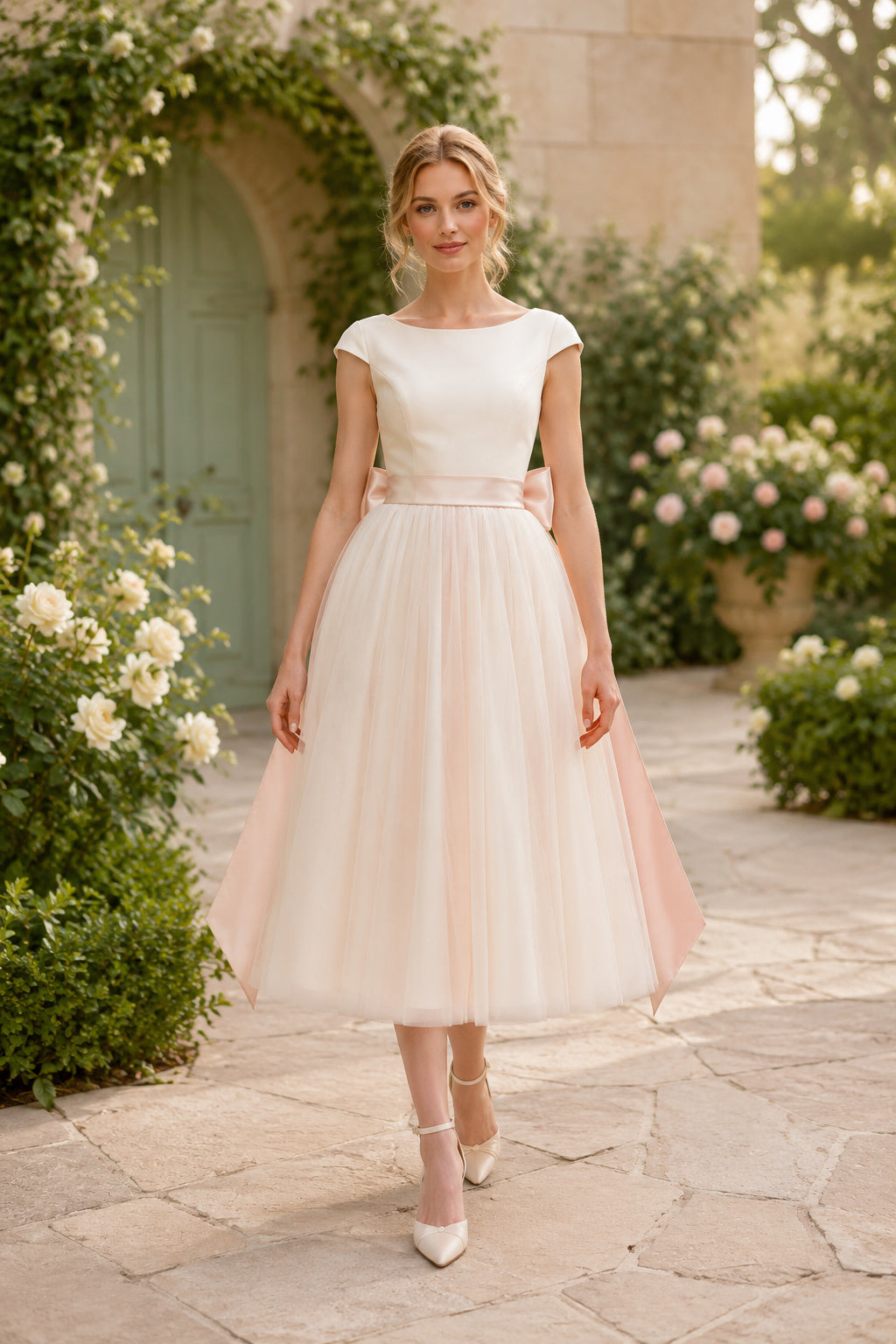 Ivory Bateau Neck Simple Bodice with Bow Back and Tulle Skirt Tea Length A-Line Wedding Dress front view